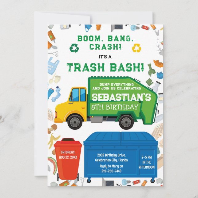 Garbage Truck Trash Bash Boy Birthday Invitation (Front)