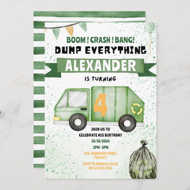 Garbage Truck Trash Recycling Birthday Invitation (Front/Back)
