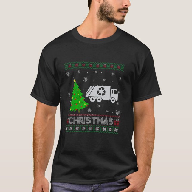 Garbage Truck Xmas Tree Lighting Ugly Christmas Sw T-Shirt (Front)
