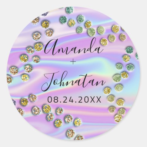 Garden Abstract Dots Name Date Black Holographic  Classic Round Sticker