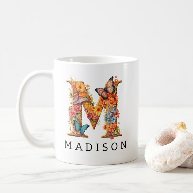 Garden Alphabet Letter M Monogram Coffee Mug (With Donut)