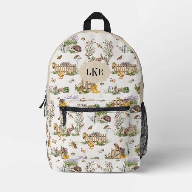 Garden & Animal Pattern 3-Letter Monogram Printed Backpack (Front)