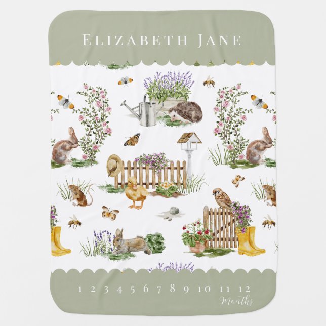 Garden Animals Picket Fence Baby Milestone Blanket (Front)