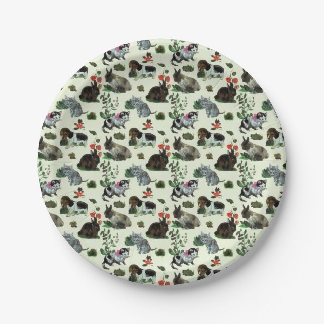 Garden Animals Rabbit Cat Dog Flowers Paper Plates (Front)