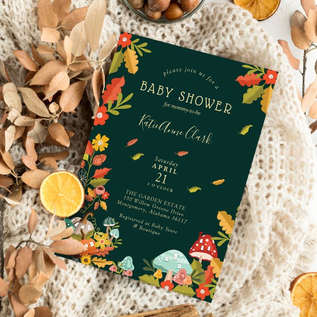 Garden Autumn Leafs Mushroom & Pumpkin Baby Shower Invitation