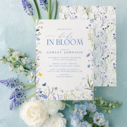 Garden Baby In Bloom Blue Watercolor Floral Shower Invitation