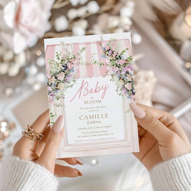 Garden Baby in Bloom Girl Baby Shower Invitation (Elegant Pink Baby in Bloom Baby Shower Invite)