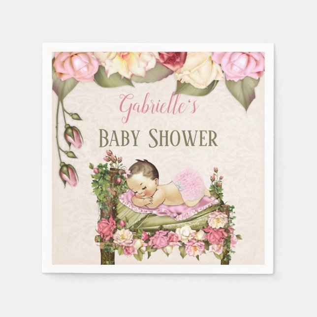 Garden Baby Shower Bed Roses Girl Pink Ivory Napkins (Front)