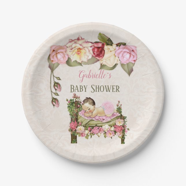 Garden Baby Shower Bed Roses Girl Pink Ivory Paper Plates (Front)