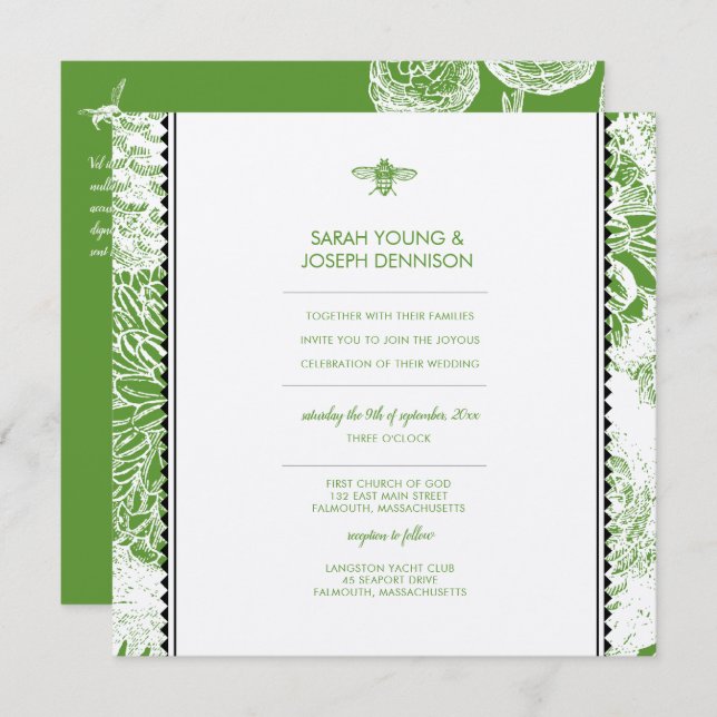 Garden Bee Green Toile Wedding Invitation (Front/Back)