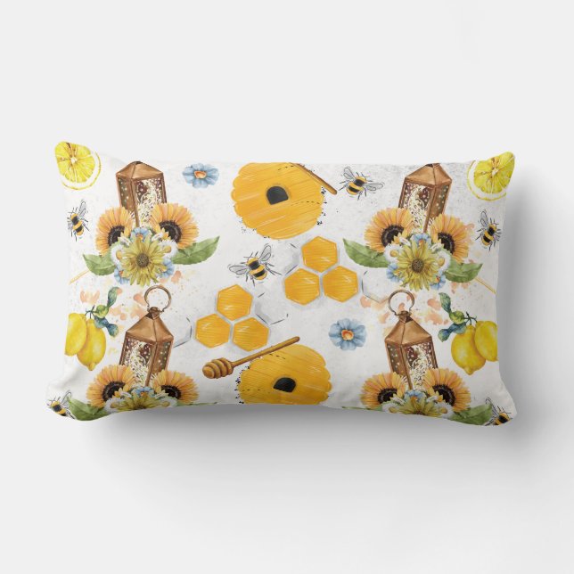 Garden Bee Sunflower Lumbar Pillow (Front)