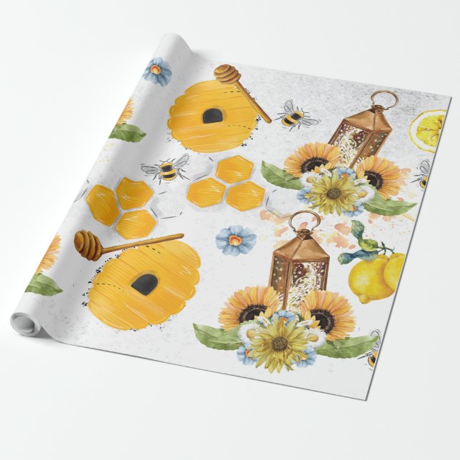 Garden Bee Sunflower Pattern Wrapping Paper (Unrolled)