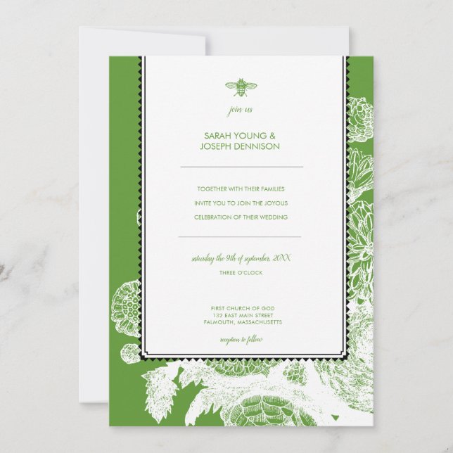 Garden Bee Toile Wedding Invitation (Front)