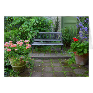 Garden bench on summer patio cards