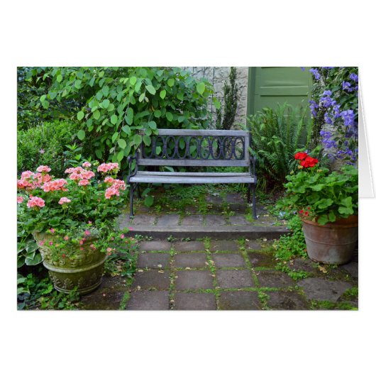 Garden bench on summer patio cards (Front Horizontal)