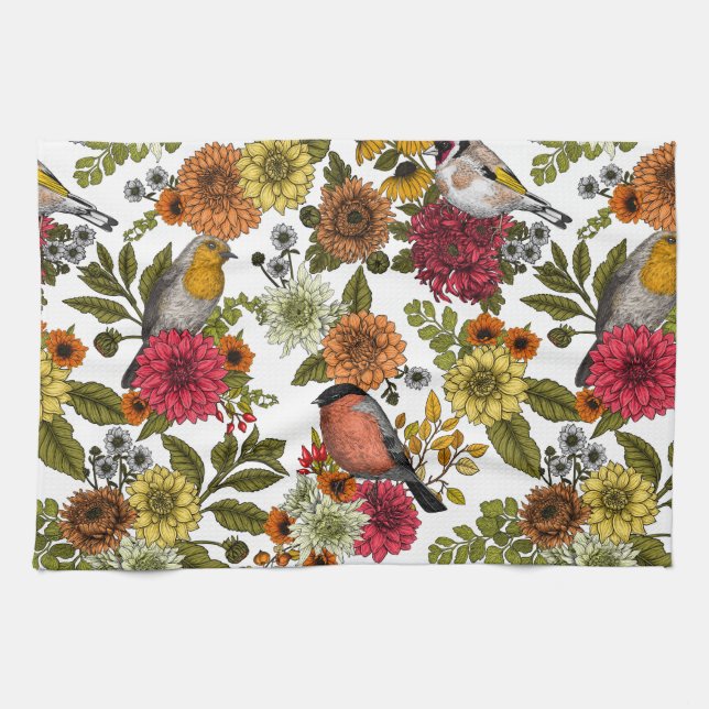 Garden birds and flowers 1 kitchen towel (Horizontal)