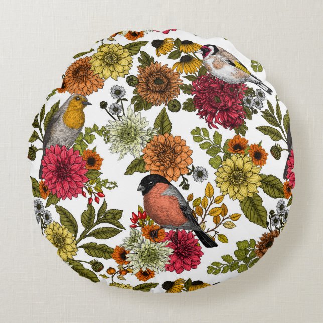 Garden birds and flowers 1 round pillow (Front)