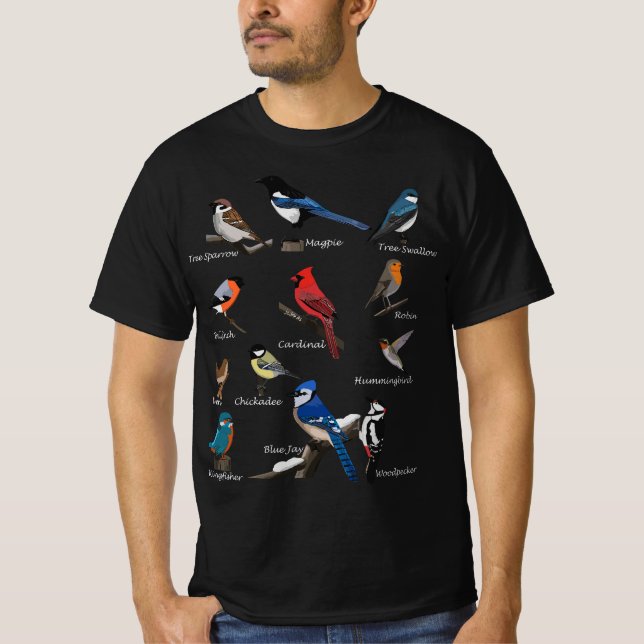 Garden Birds Cardinal Blue Jay Hummingbird Robin W T-Shirt (Front)