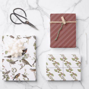 Garden Birds in Branches and Coordinating  Wrapping Paper Sheets