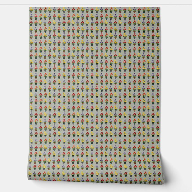 Garden Bliss Potted Flowers on Soft Grey-Green Wallpaper (Unrolling)