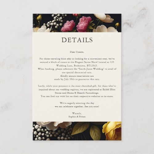 Garden Bloom Dark Elegant Wedding Details Enclosure Card