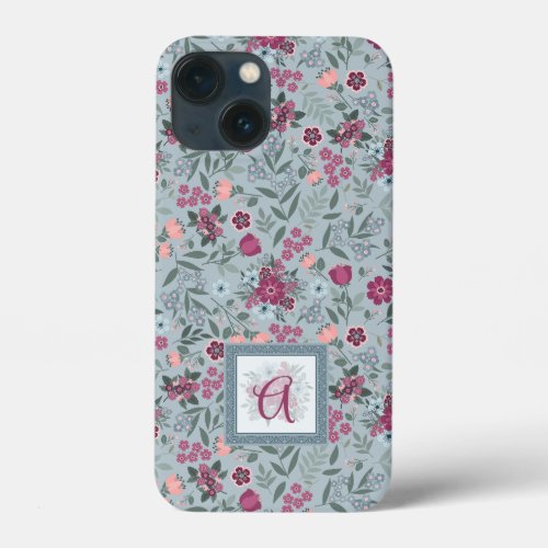 Garden bloom in ruby red slate blue  coral print iPhone 13 mini case