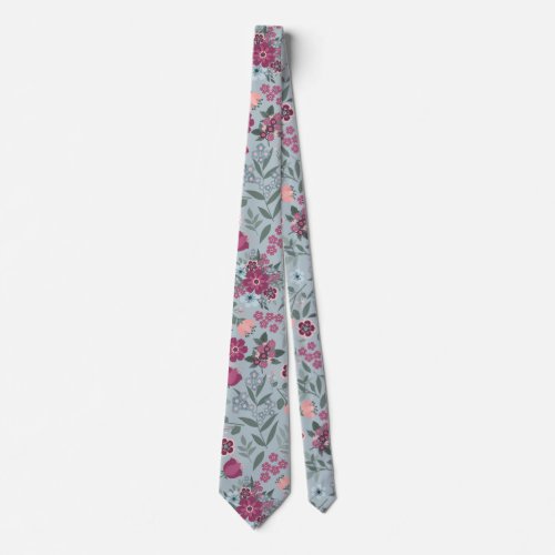 Garden bloom in ruby red slate blue  coral print neck tie