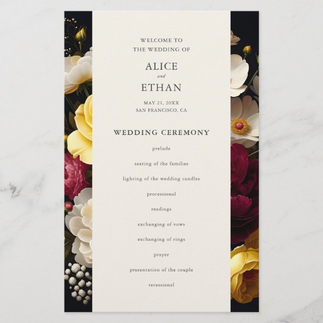 Garden Blooms Elegant Dark Wedding Program (Front)