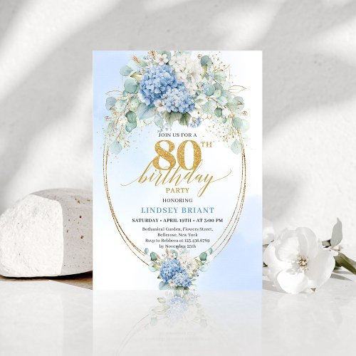 Garden Blue Floral Gold 80th Birthday Invitation