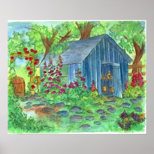 Garden Blue Potting Shed Country Cottage Art Poster