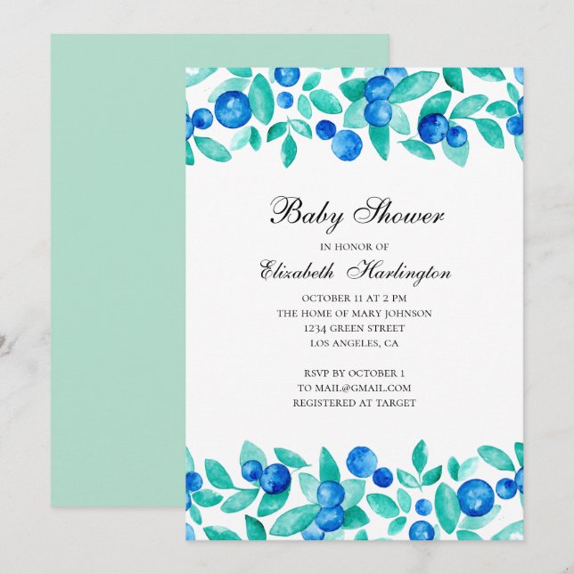 Garden blueberries. Blue and mint baby shower Invitation (Front/Back)