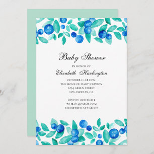 Garden blueberries. Blue and mint baby shower Invitation