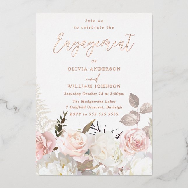 Garden Blush Floral Rose Gold Engagement Party Foil Invitation (Front)