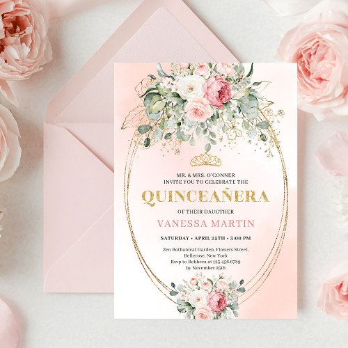 Garden Blush Pink Boho Quinceañera Floral Invite