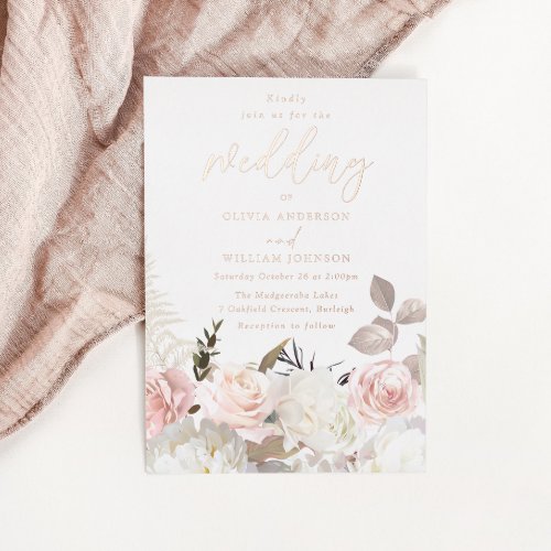 Garden Blush  White Floral Rose Gold Wedding  Foil Invitation