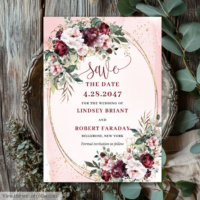 Garden Boho Burgundy Blush Gold Roses Save Date Invitation (Garden Boho Burgundy Blush Gold Roses Save Date)