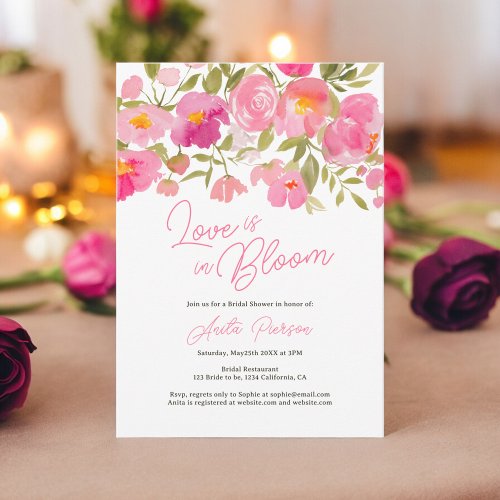 Garden boho floral pink script chic bridal shower invitation