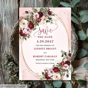Garden Boho Merlot Blush Gold Roses Save the Date Invitation