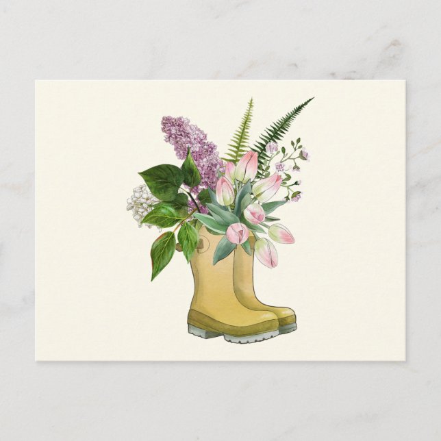 Garden Boots with Tulip and Lilac Flowers  Postcard (Front)