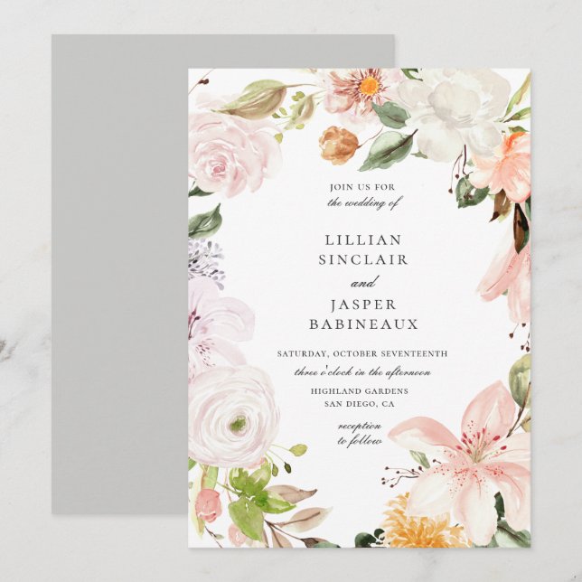 Garden Botanical Floral Oval Frame Wedding Invitation (Front/Back)