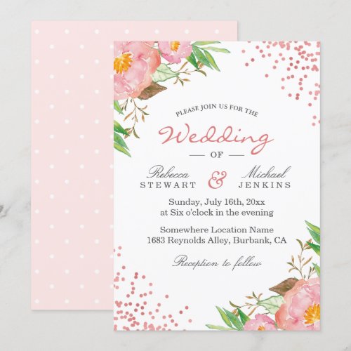 Rose Gold Dots Botanical Floral Wedding Invitation