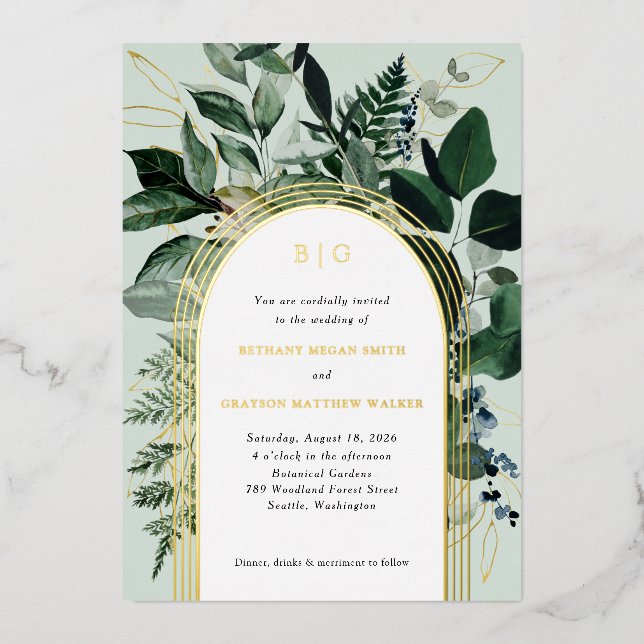 Garden botanical modern arched wedding foil invitation (Front)