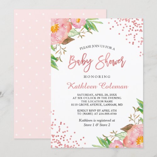 Trendy Rose Gold Botanical Pink Floral Baby Shower Card