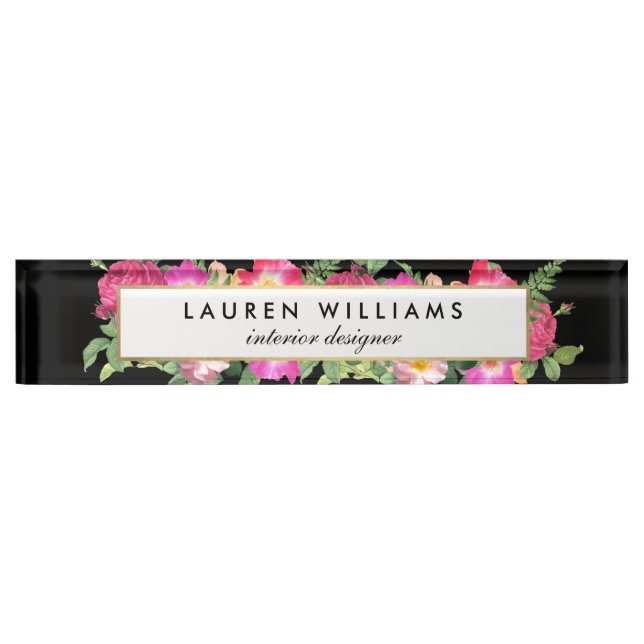 Garden Bouquet Florals Black Desk Name Plate (Front)