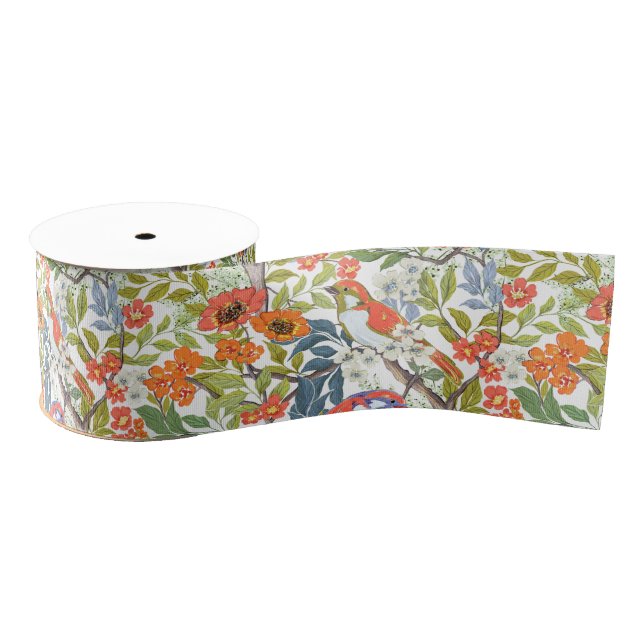 Garden Branches with Flowers Leaves and Birds Grosgrain Ribbon (Spool)