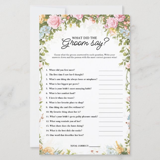 Garden Bridal Shower What did the Groom Say Game (Front)