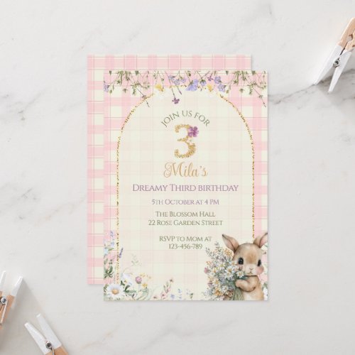 Garden Bunny 3rd Birthday Invitation