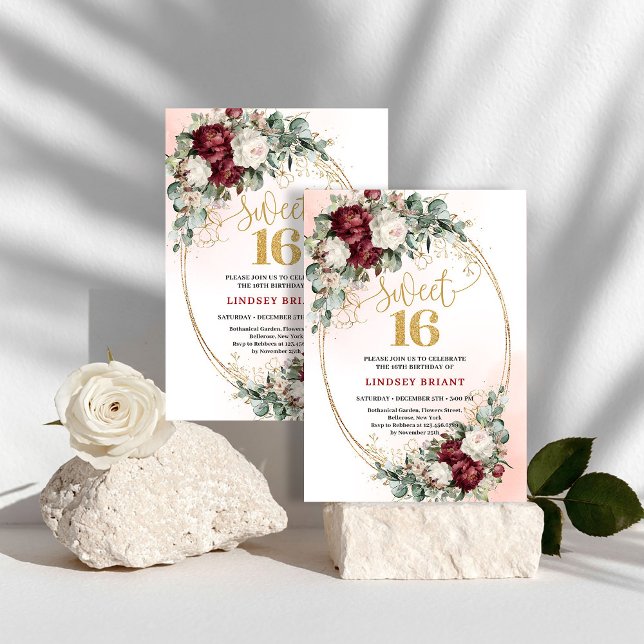 Garden Burgundy Peonies Sweet Sixteen Celebration  Invitation (Garden Burgundy Peonies Sweet Sixteen Celebration Invite)