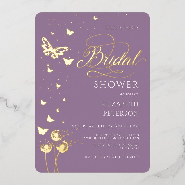 Garden Butterfly Wildflowers Lilac Bridal Shower Foil Invitation (Front)