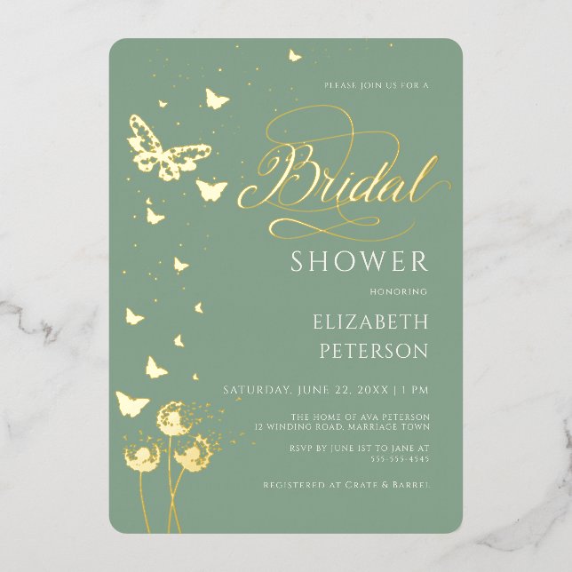 Garden Butterfly Wildflowers Sage Bridal Shower Foil Invitation (Front)